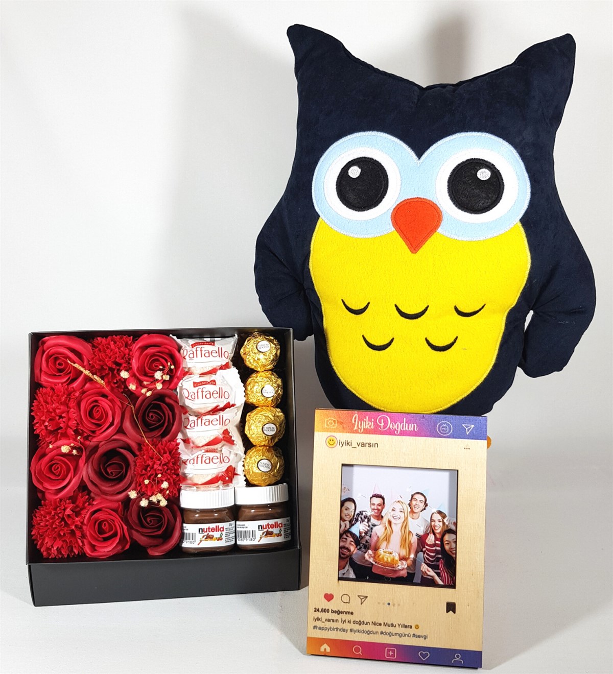 Kişiye Özel Fotoğraflı İnstagram Çerçeve Baykuş Yastık Gül Kutusunda Karışık Çikolata Set Hediye Setleri