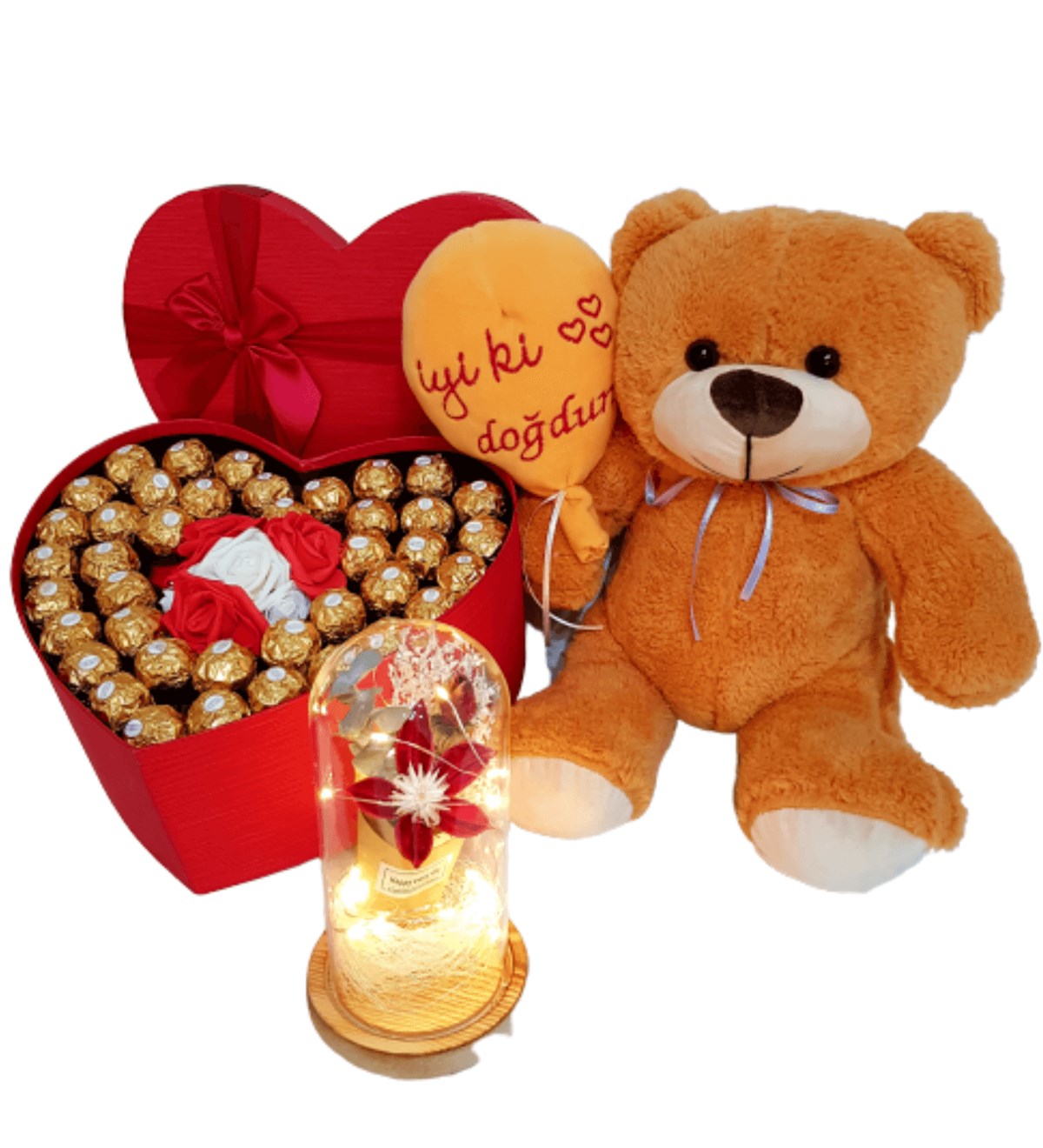 Hanbeyi | Doğum Günü Hediyesi, Kalp Kutuda Rocher Çikolata Işıklı Gül Fanus Pelüş  Ayı