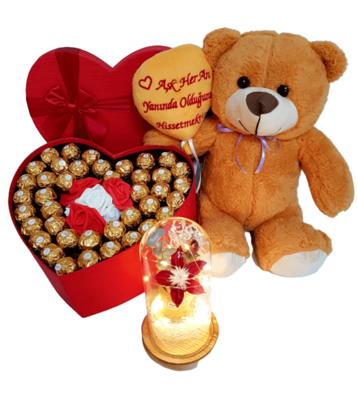 Hanbeyi | Sevgiliye Hediye Büyük Kalp Kutuda Rocher Çikolata Işıklı Gül  Fanus Pelüş Ayıcık