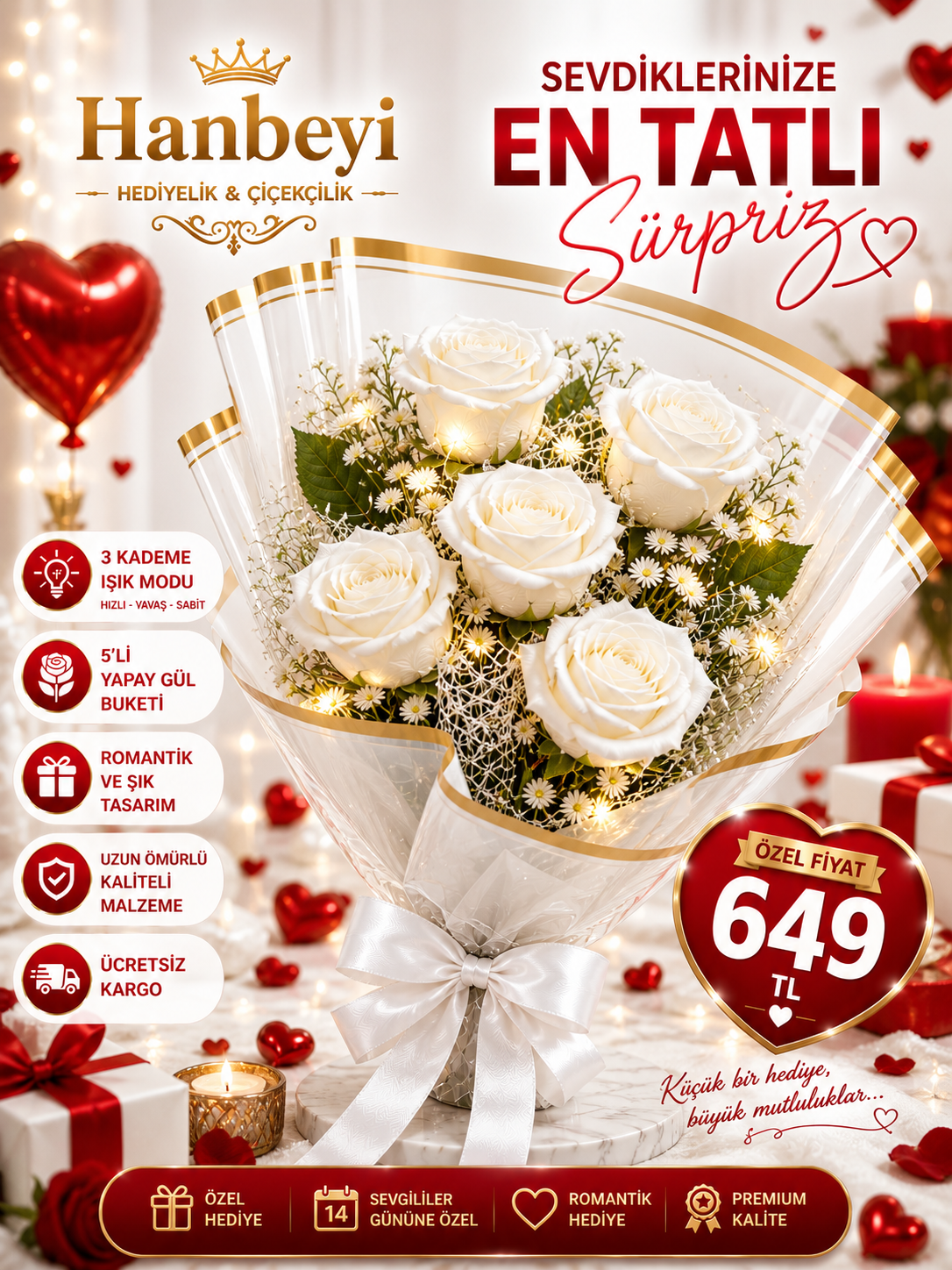 Hanbeyi Işıklı 5'li Yapay Beyaz Gül Buketi Yapay Gül Koleksiyonu