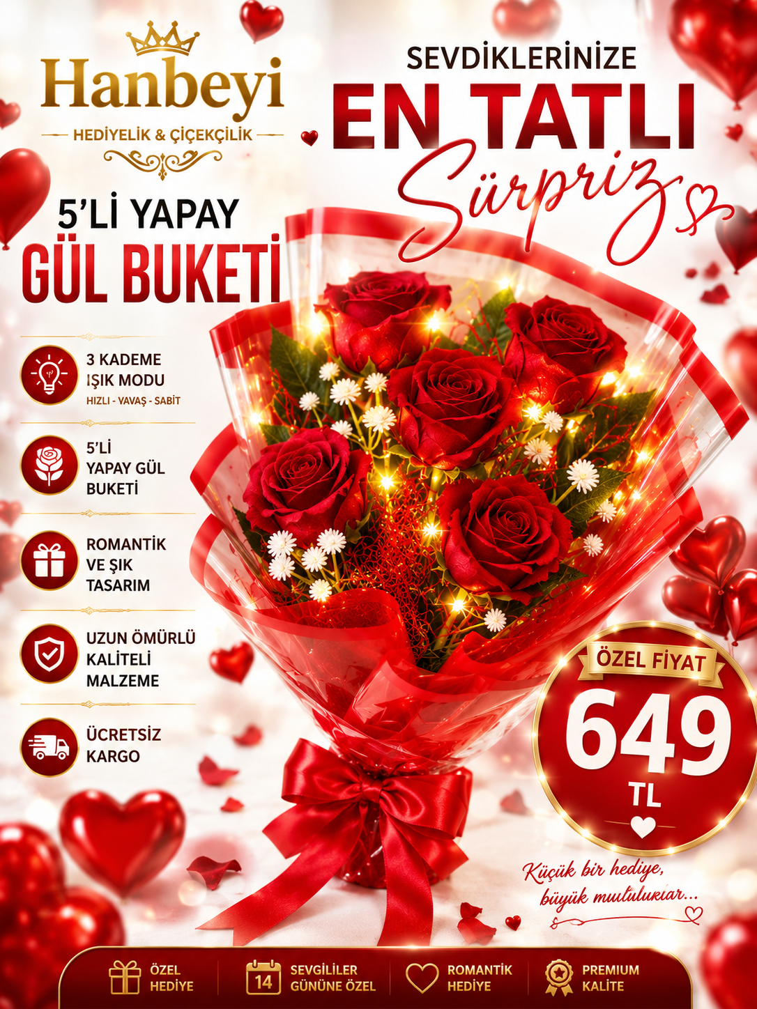 Hanbeyi Işıklı 5'li Yapay Kırmızı Gül Buketi Yapay Gül Koleksiyonu