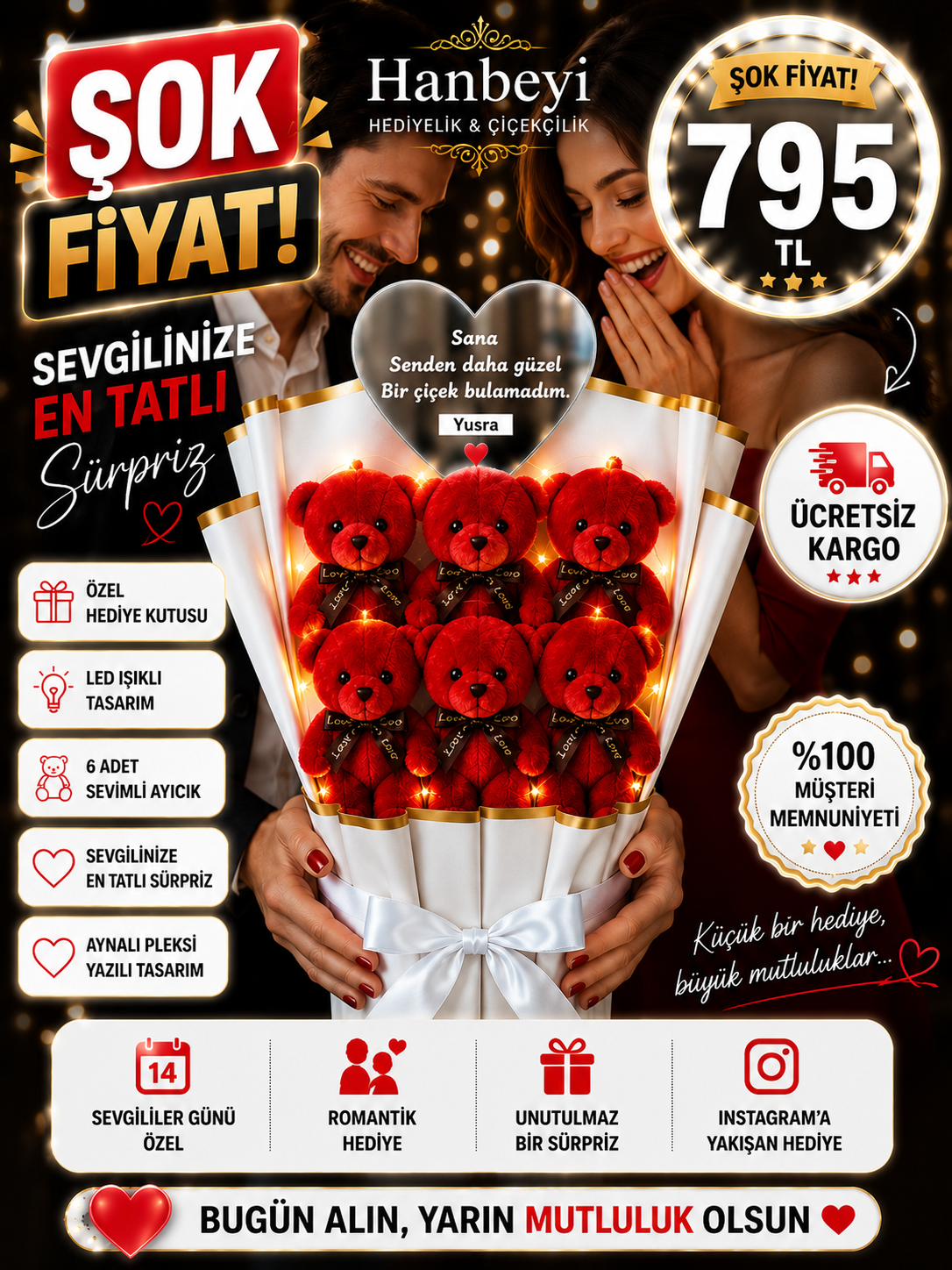 Hanbeyi Kişiye Özel Aynalı Pleksi Yazılı 6'lı Işıklı Peluş Ayıcık Buketi - Kırmızı Aşk Serisi Ayıcıklı Buketler