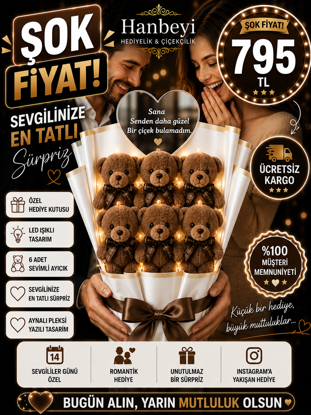Hanbeyi Kişiye Özel Aynalı Pleksi Yazılı 6'lı Işıklı Peluş Ayıcık Buketi - Kahverengi Aşk Serisi Ayıcıklı Buketler