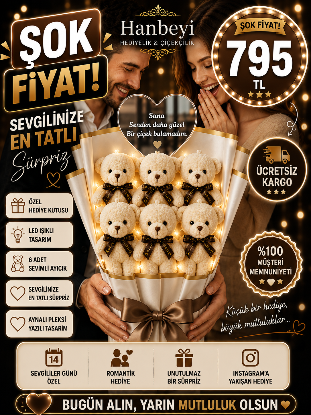 Hanbeyi Kişiye Özel Aynalı Pleksi Yazılı 6'lı Işıklı Peluş Ayıcık Buketi - Beyaz Aşk Serisi Ayıcıklı Buketler