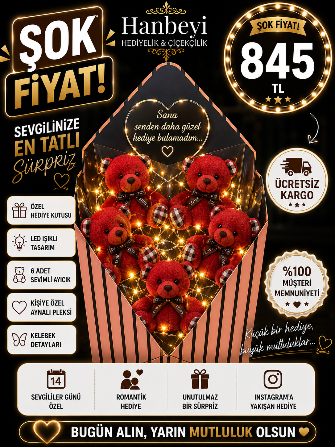 Hanbeyi Kişiye Özel Aynalı Pleksili 6'lı Işıklı Peluş Ayıcık Buketi - Kelebek Detaylı Kırmızı Aşk Serisi Ayıcıklı Buketler