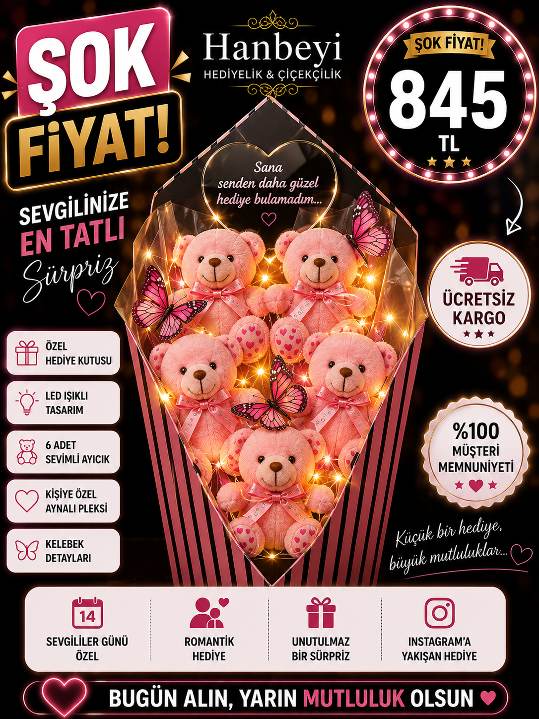 Hanbeyi Kişiye Özel Aynalı Pleksili 6'lı Işıklı Peluş Ayıcık Buketi - Kelebek Detaylı Pembe Aşk Serisi Ayıcıklı Buketler