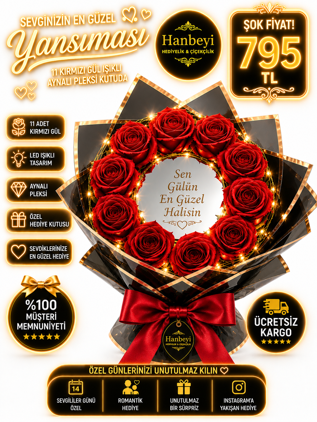 Hanbeyi Premium 11 Kırmızı Gül Işıklı Aynalı Pleksi Kutuda Aranjman  Kişiye Özel Hediyeler
