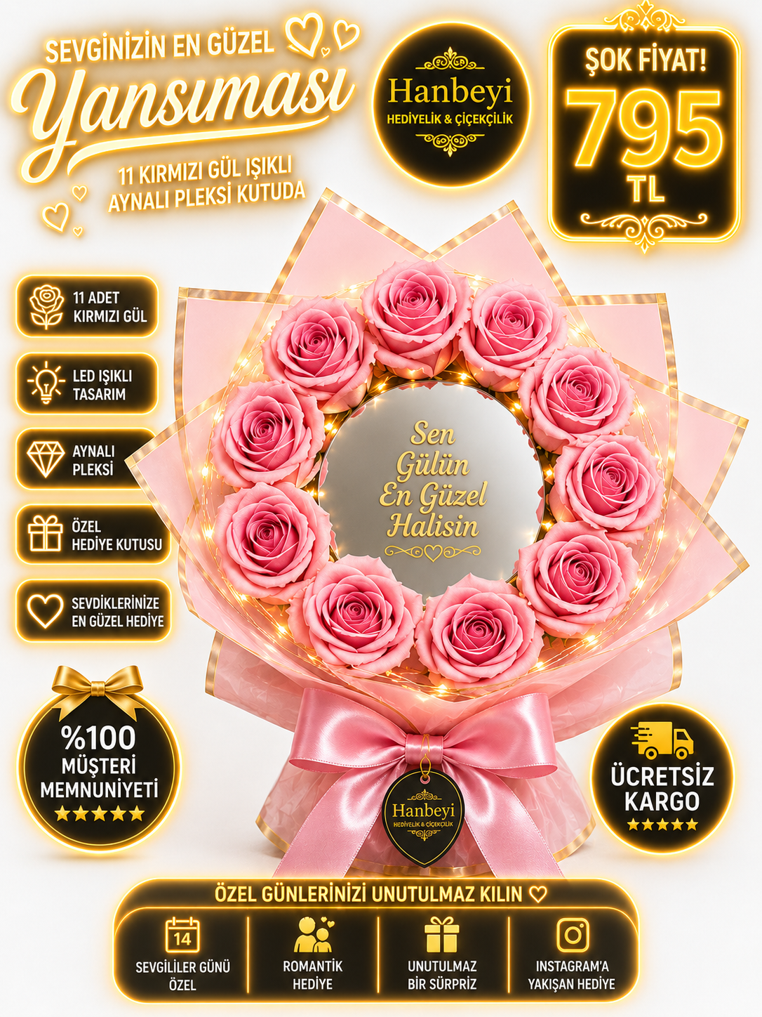Hanbeyi Premium 11 Pembe Gül Işıklı Aynalı Pleksi Kutuda Aranjman Kişiye Özel Hediyeler