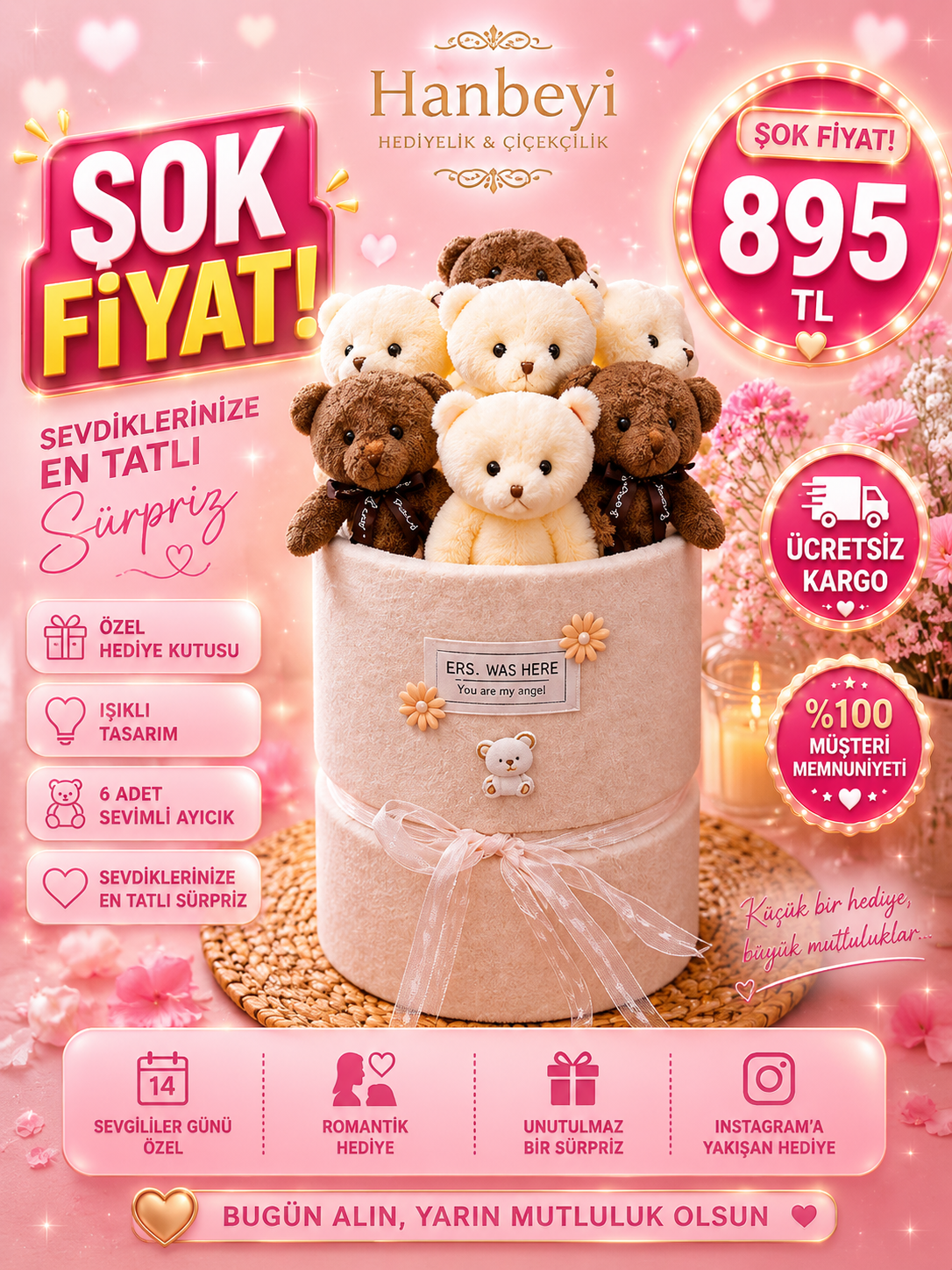 Hanbeyi Premium 7'li Işıklı Ayıcıklı Pudra Süet Yuvarlak Kutu Aranjmanı - Sevgililer Günü Özel Hediye Seti Ayıcıklı Buketler