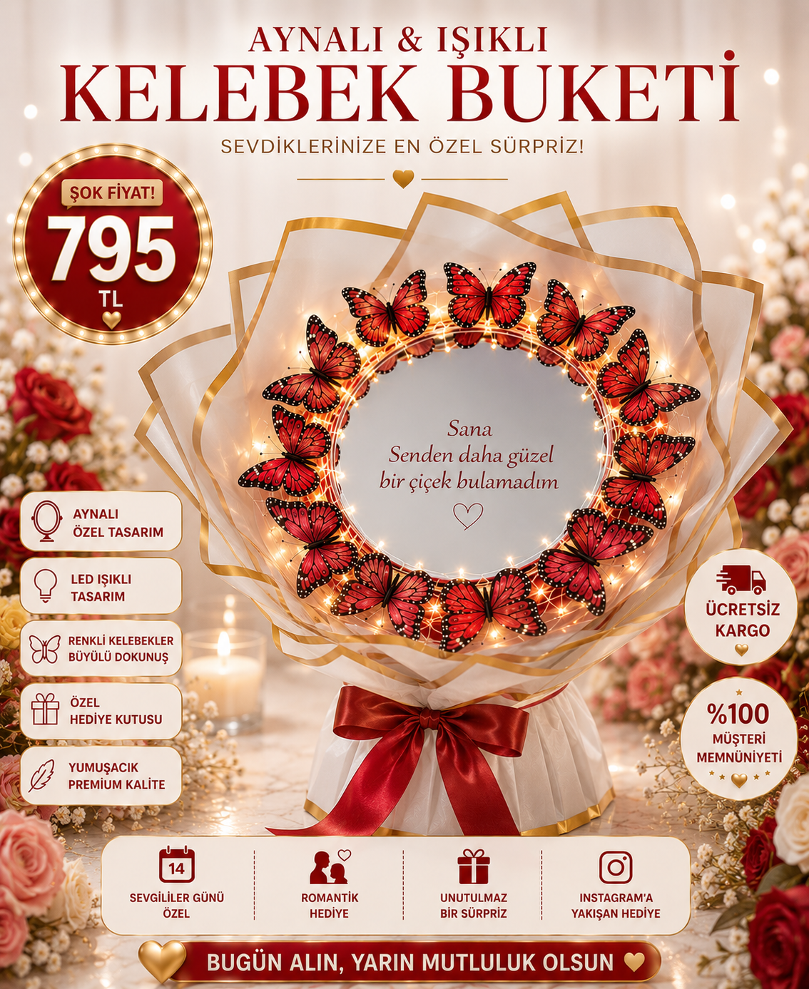 Hanbeyi Premium Aynalı Pleksi Işıklı Kelebek Buketi Kişiye Özel Hediyeler