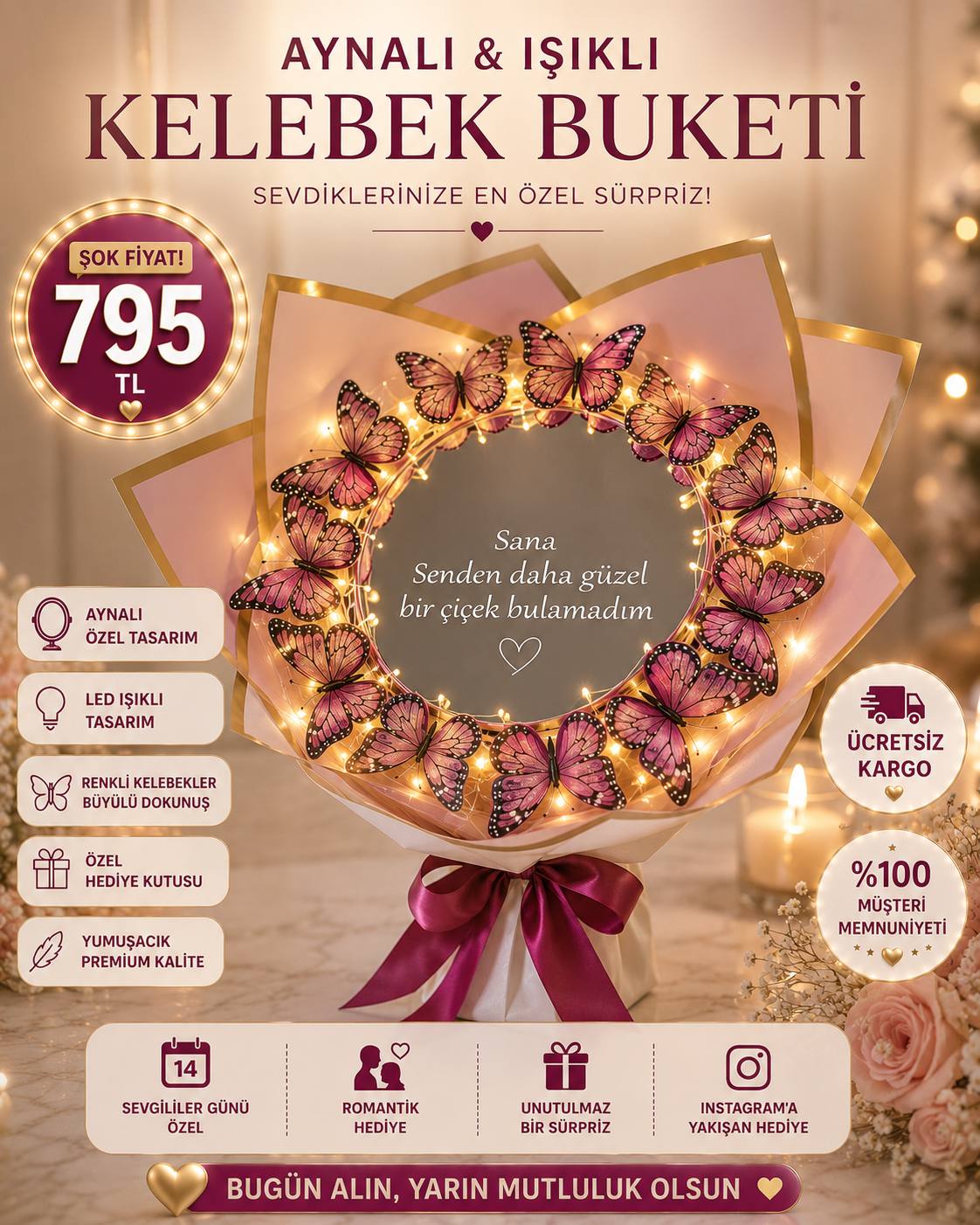Hanbeyi Premium Aynalı Pleksi Işıklı Pembe Kelebek Buketi Kişiye Özel Hediyeler