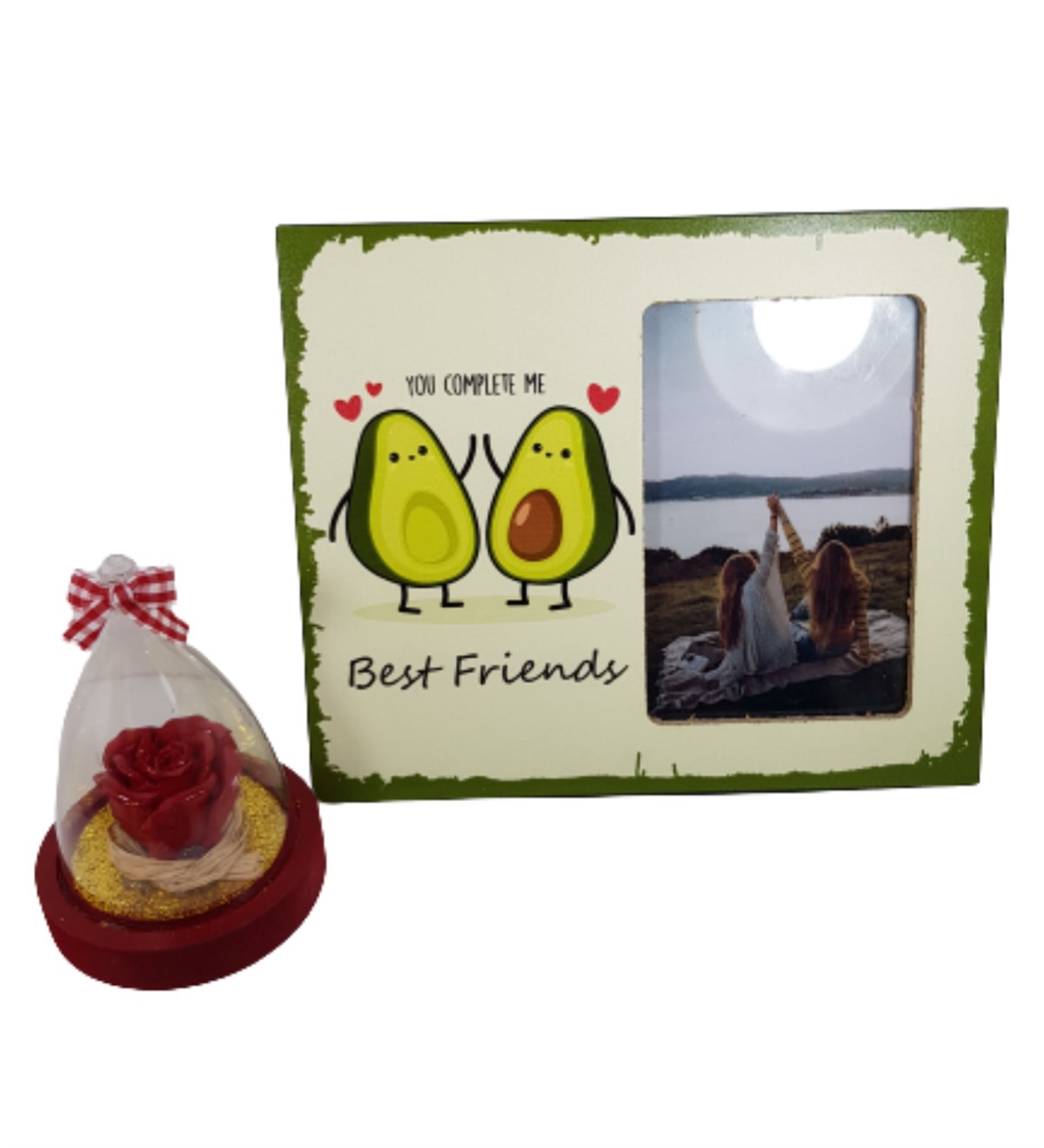 Kişiye Özel Kırmızı Gül Fanus Özel Baskı Best Friends Fotoğraf Çerçevesi Hediye Setleri