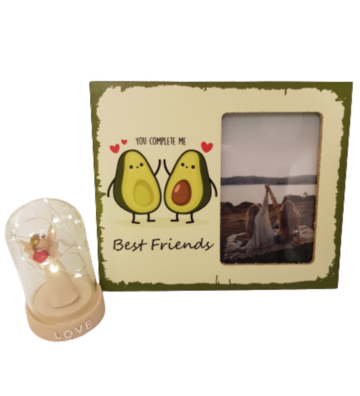Şans Meleği Işıklı Fanus Kişiye Özel Baskılı Best Friends Fotoğraf Çerçevesi Hediye Setleri