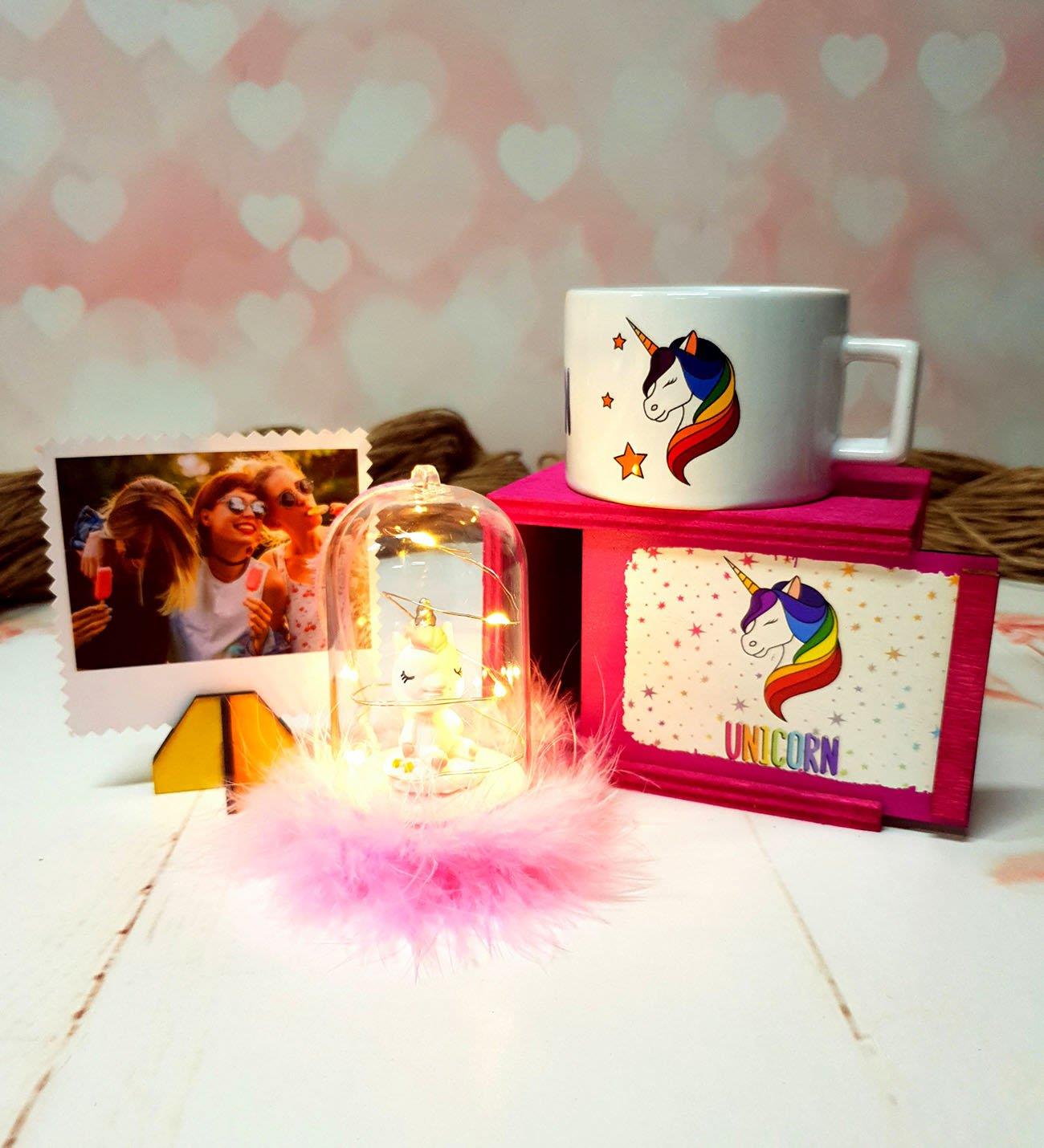 Fotoğraflı Pembiş Unicorn Işıklı Fanus Ve Unicorn Kupa Arkadaşa Hediye Seti BANYO GURUBU