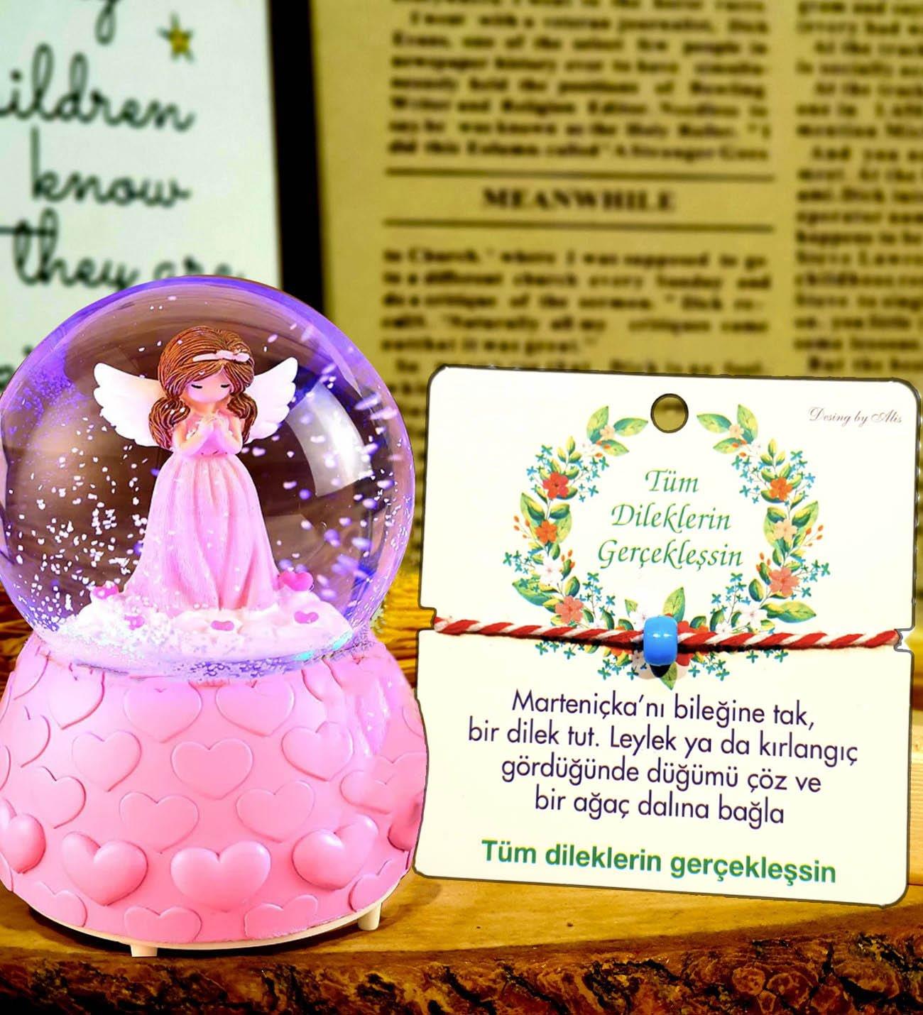 Pembe Peri Işıklı Kar Küresi & Dilek Bilekliği Arkadaşa Hediye BANYO GURUBU