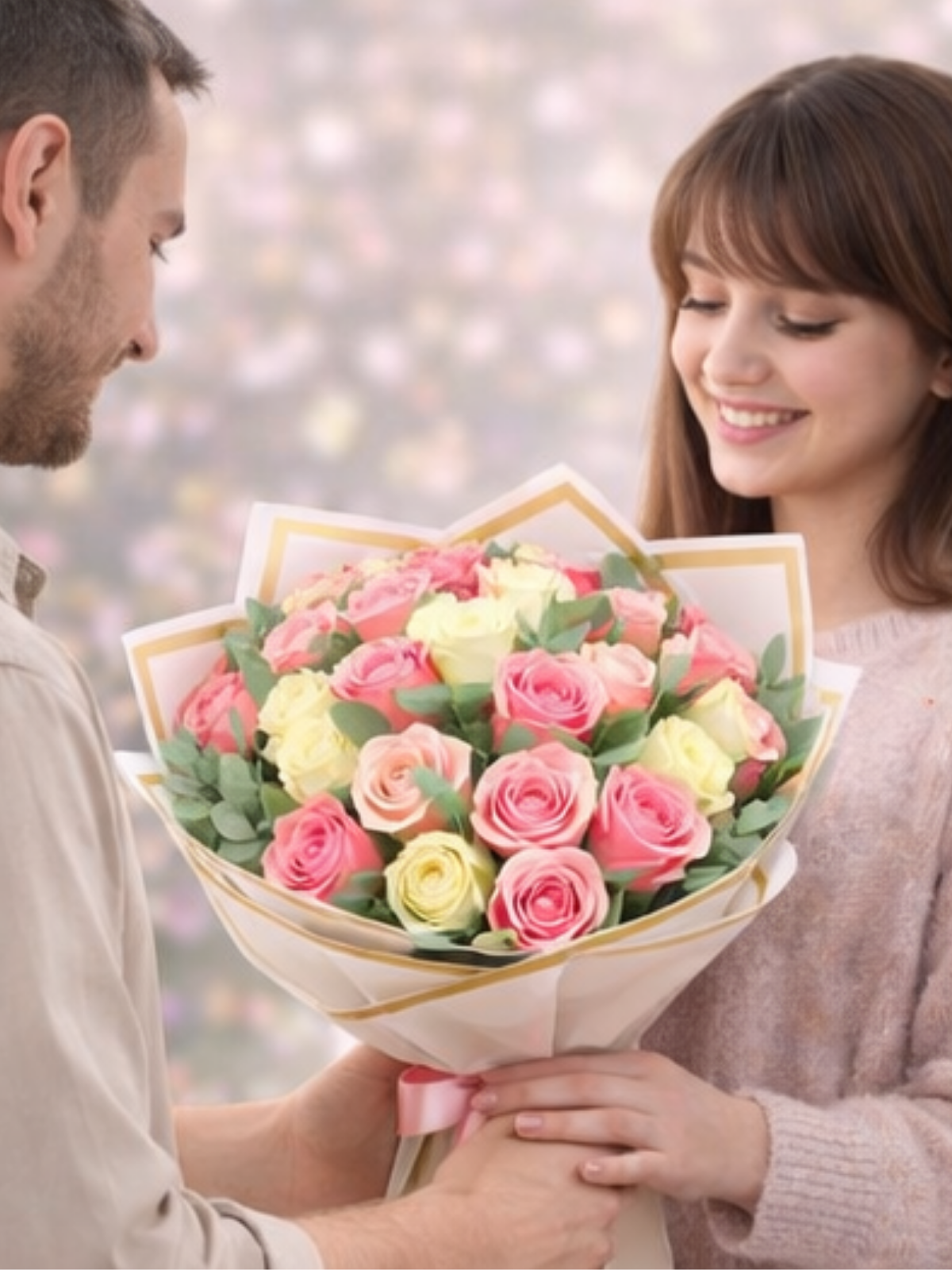 İki Renkli Gül Buketi 21 Gül – Pembe ve Krem Güller Premium Tasarım | Hanbeyi KIZ İSTEME BUKETİ