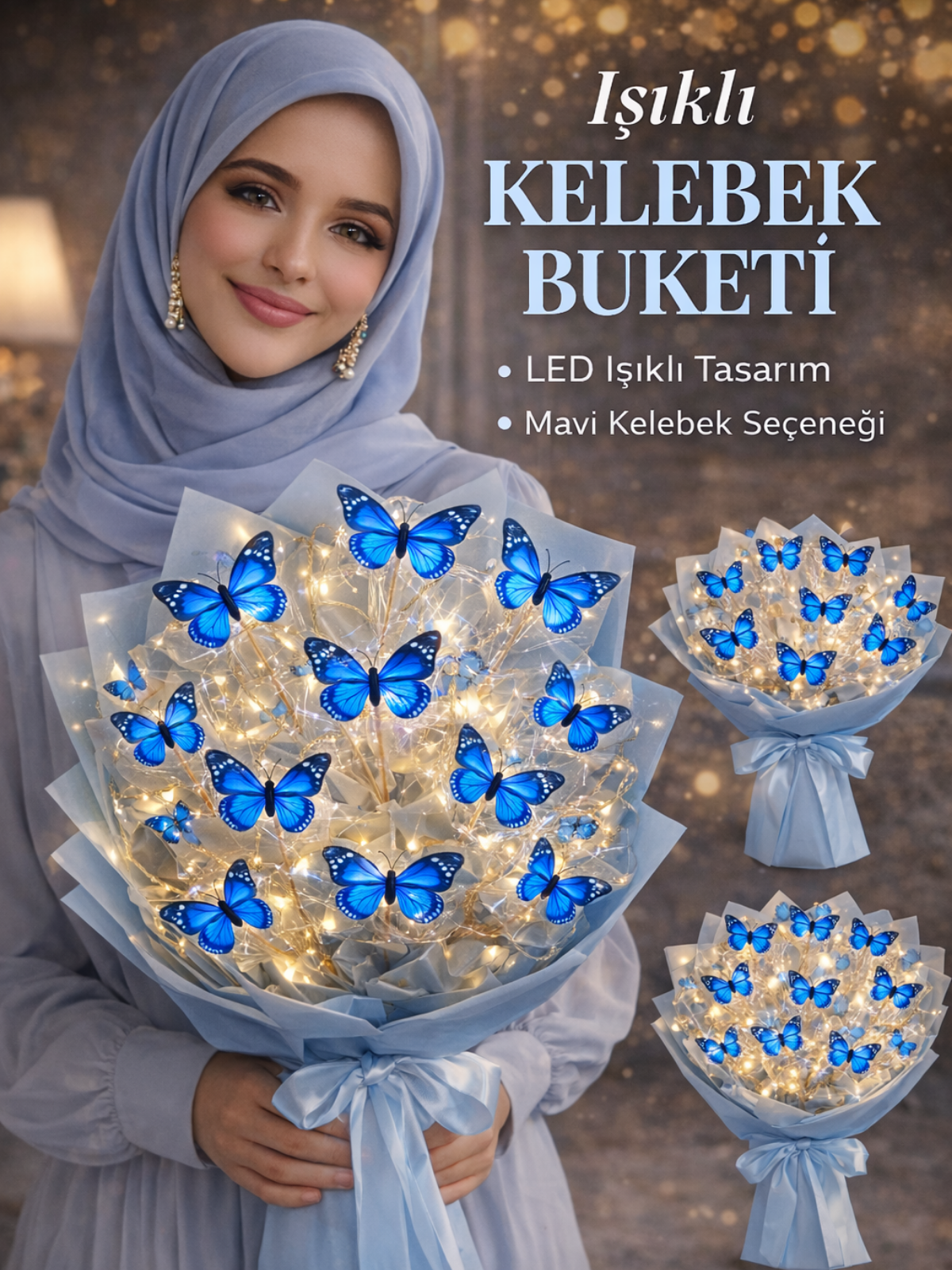 Işıklı Kelebek Buketi Mavi – Premium Dekoratif Kelebek  YAPAY ÇİÇEK BUKETLERİ