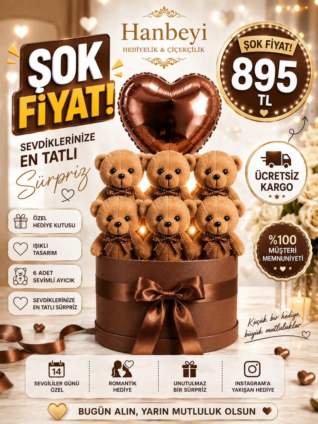 Kahverengi Ayıcıklı Işıklı Yuvarlak Kutu Aranjmanı - Kalp Balonlu Romantik Hediye Seti Ayıcıklı Buketler