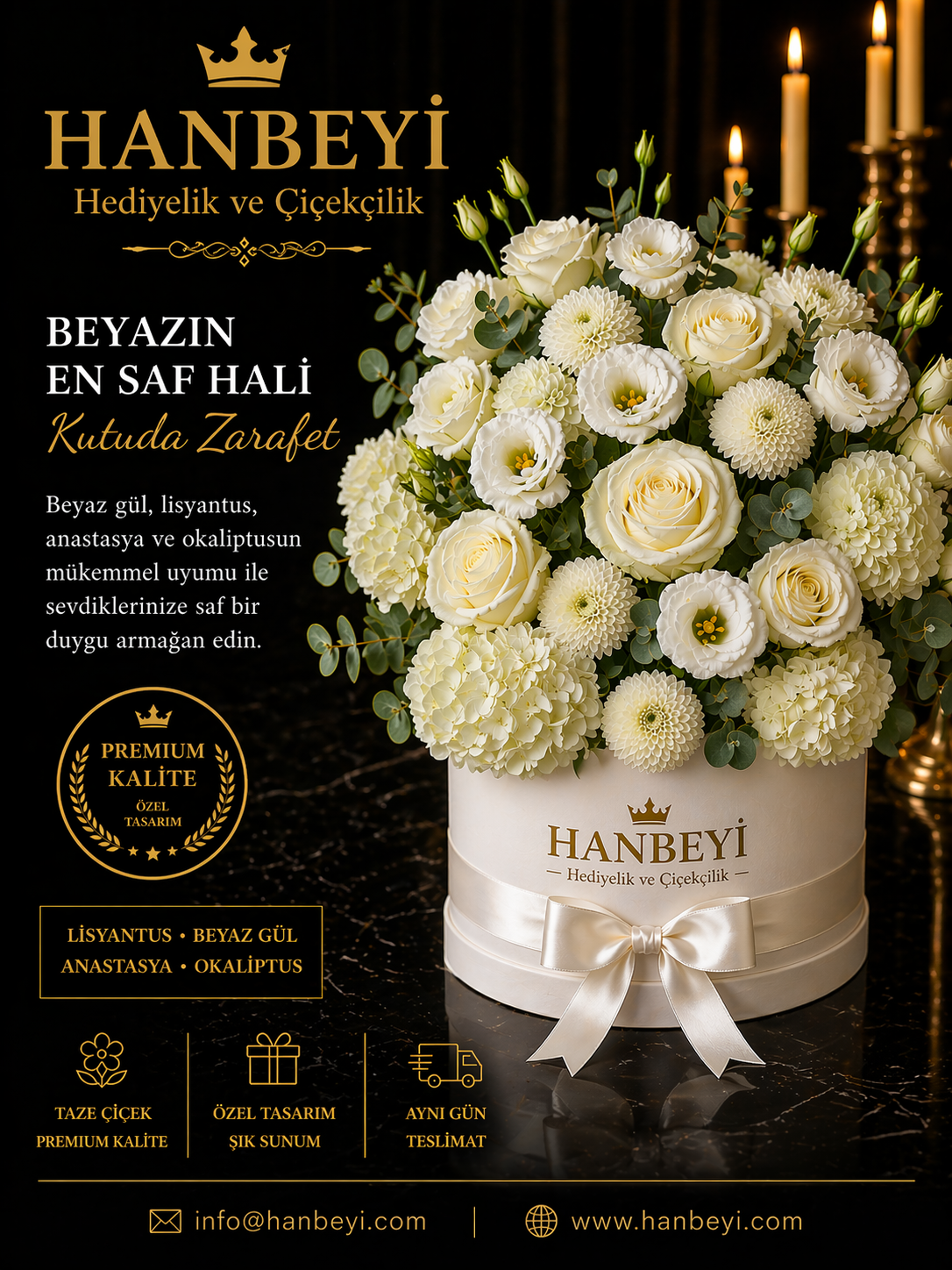 Kutuda Zarafet | Beyaz Gül, Lisyantus ve Anastasya Aranjmanı Avcılar Çiçekçi