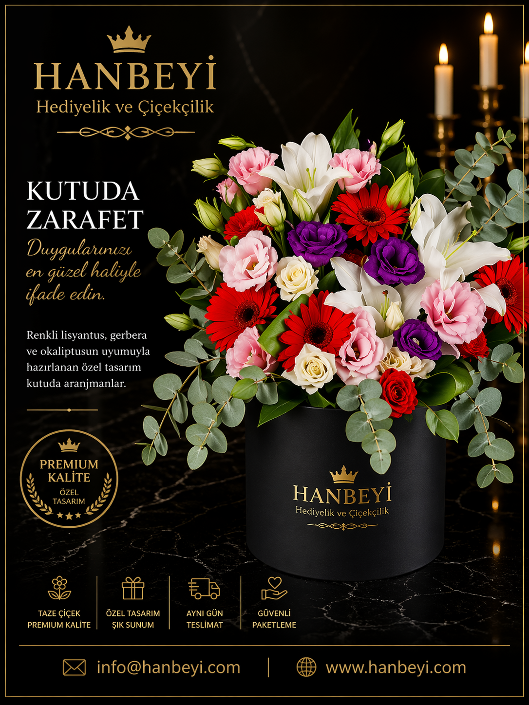 Kutuda Zarafet | Renkli Lisyantus, Gerbera ve Lilyum Aranjmanı Avcılar Çiçekçi