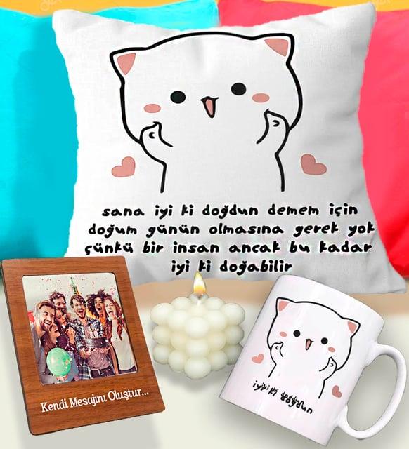 Kişiye Özel Fotoğraflı Mesajlı İyi Ki Doğdun Yastık & Bubble Mum & Kupa KARAKTER FİGÜR YASTIK