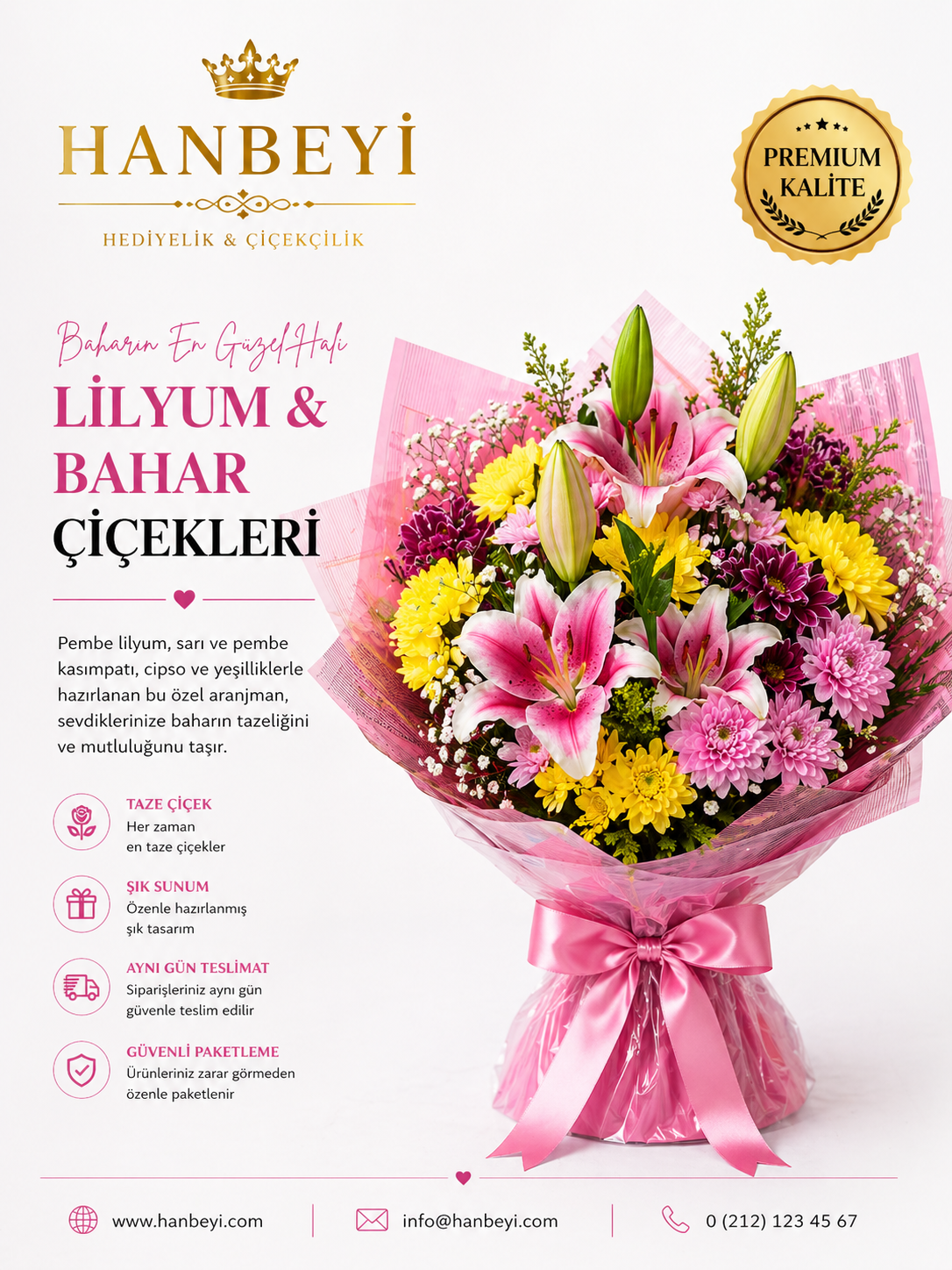 Lilyum & Bahar Çiçekleri Buketi | Premium Pembe Tasarım Avcılar Çiçekçi