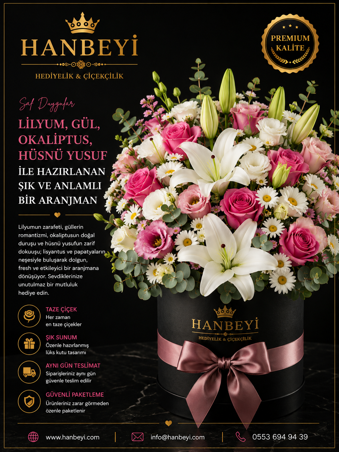 Lilyum Gül Okaliptus Hüsnü Yusuf Premium Kutu Aranjmanı Avcılar Çiçekçi