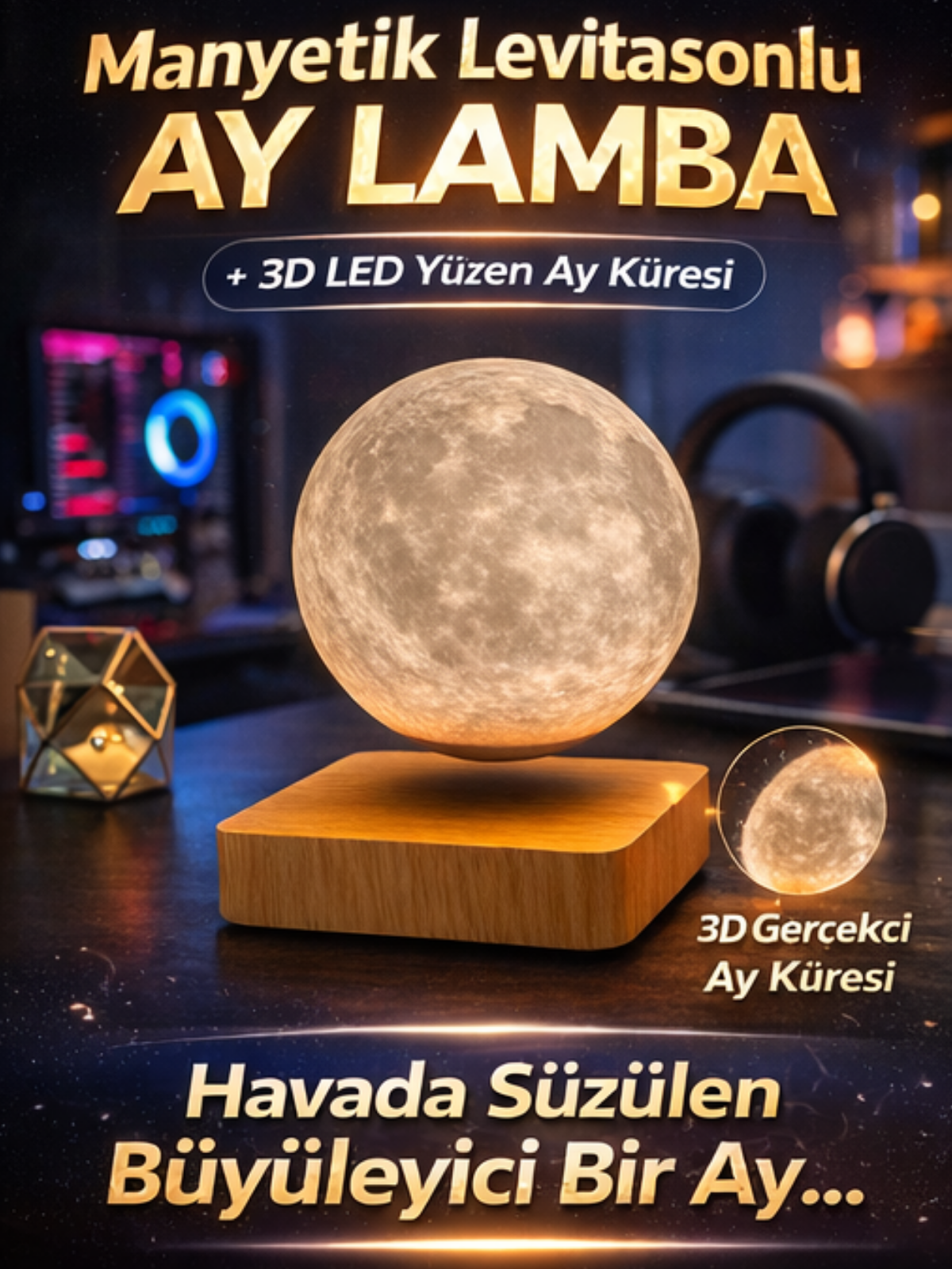 Manyetik Levitasyonlu Ay Lamba – 3D LED Yüzen Ay Küresi (Premium Seri) ÇOK SATANLAR