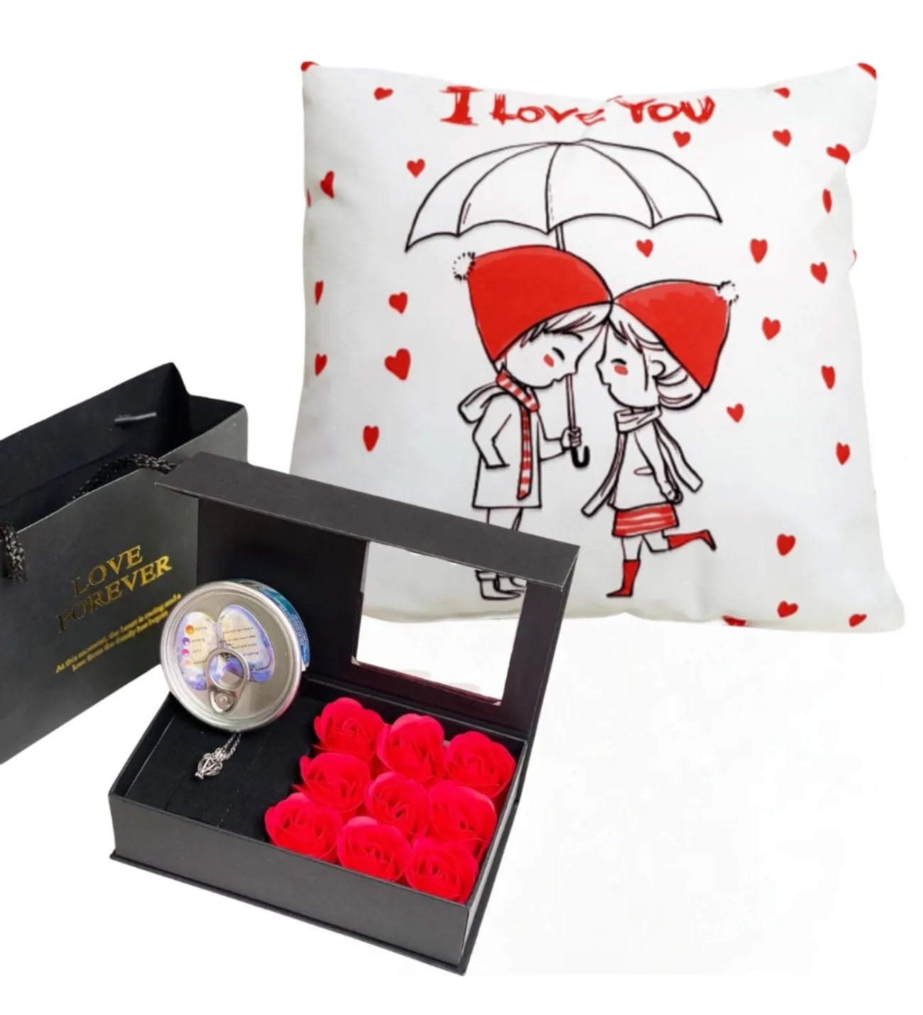 Istiridye Içinde Inci Kolyeli Kırmızı Gül Kutusu ve I LOVE YOU YASTIK Sevgiliye Hediye KARAKTER FİGÜR YASTIK