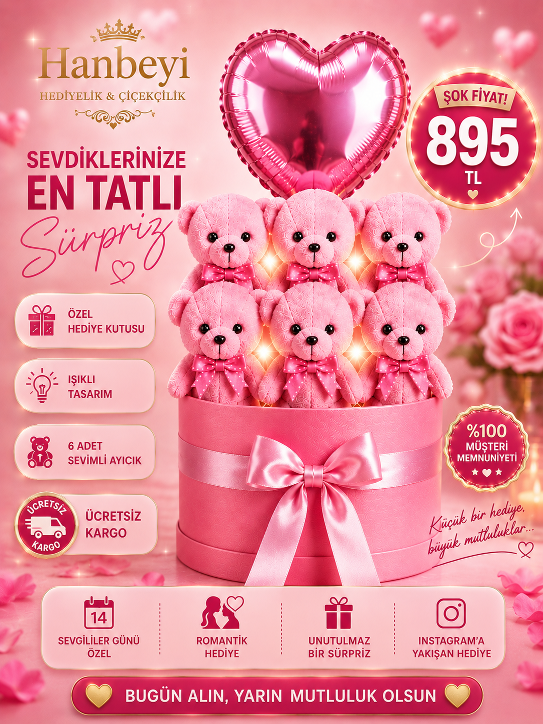 Pembe Ayıcıklı Işıklı Yuvarlak Kutu Aranjmanı - Kalp Balonlu Romantik Hediye Seti Ayıcıklı Buketler