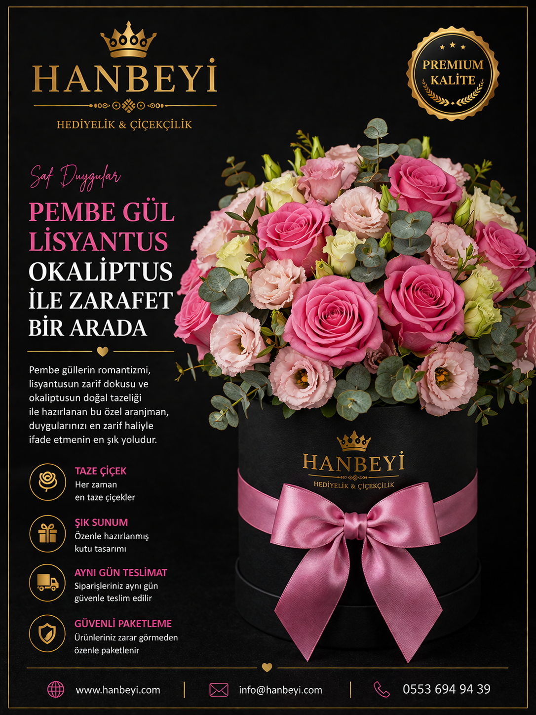 Pembe Gül Lisyantus Okaliptus Premium Kutu Aranjmanı Avcılar Çiçekçi