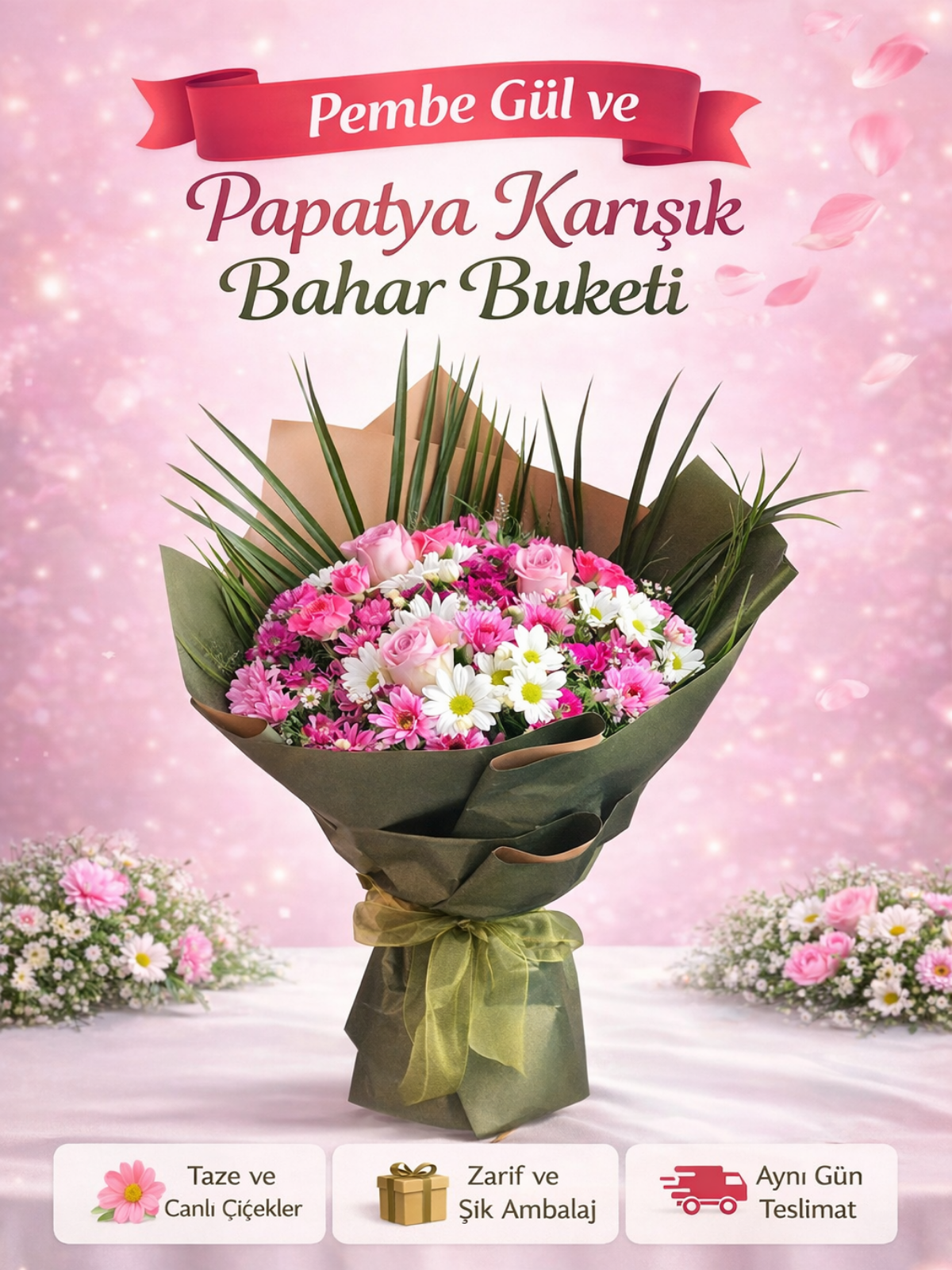 Pembe Gül ve Papatya Karışık Buket – Premium Romantik Çiçek Tasarımı | Hanbeyi KIZ İSTEME BUKETİ