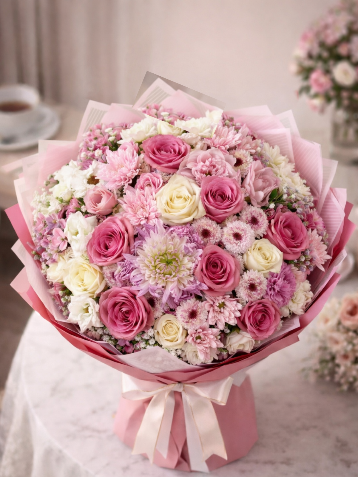 Pembe Tonlarda Karışık Çiçek Buketi – Premium Romantik Çiçek Tasarımı | Hanbeyi KIZ İSTEME BUKETİ