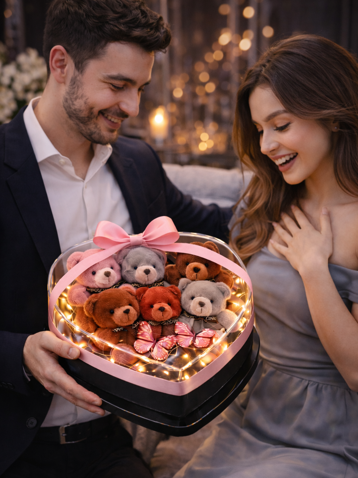 Pleksi Kalp Kutuda Karışık Renk Mini Ayıcık – Premium Romantik Hediye | Hanbeyi Aynalı Gül Buketi