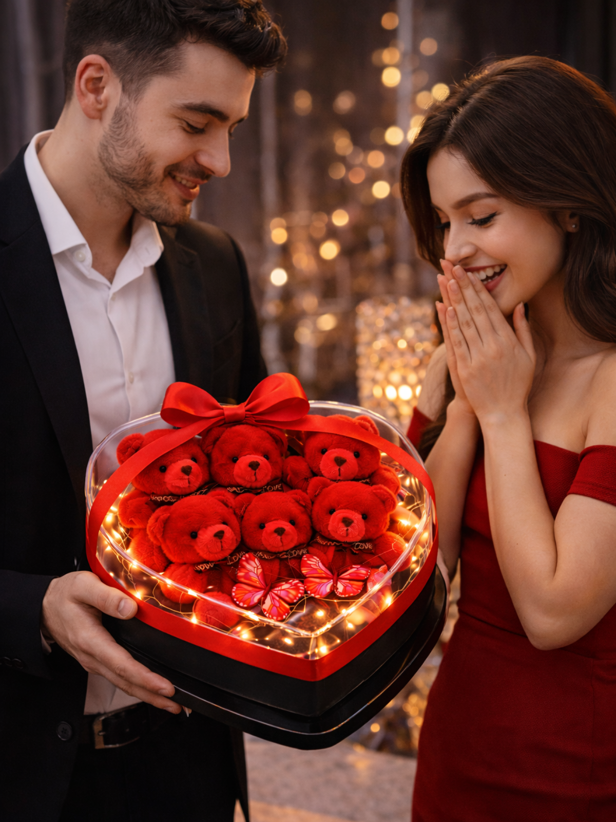 Pleksi Kalp Kutuda Kırmızı Mini Ayıcık – Premium Romantik Hediye | Hanbeyi Aynalı Gül Buketi