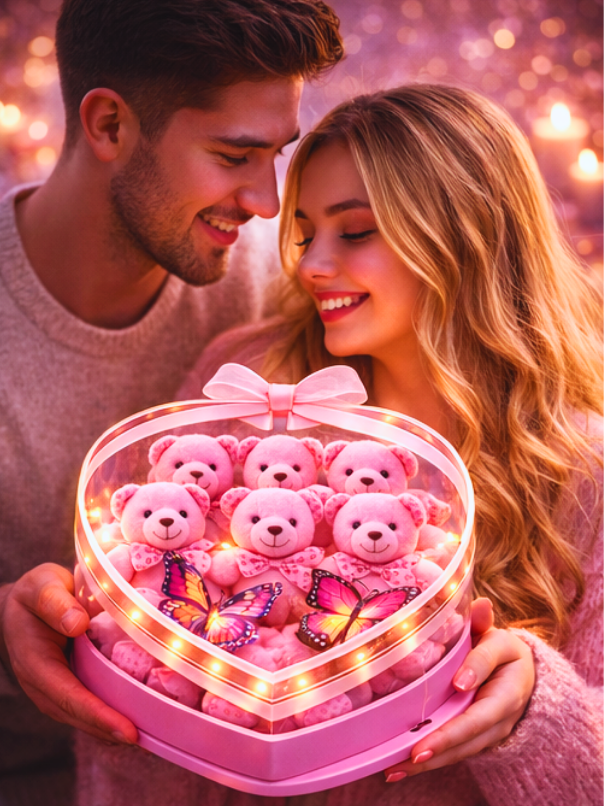 Pleksi Kalp Kutuda Pembe Mini Ayıcık – Premium Romantik Hediye | Hanbeyi Aynalı Gül Buketi