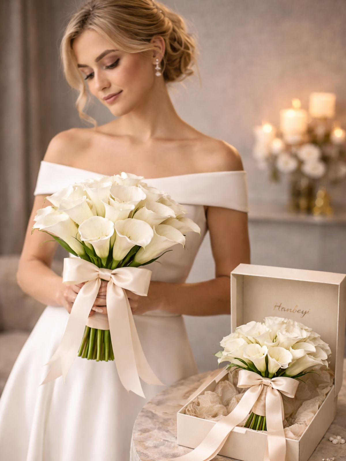 Premium Beyaz Gala Gelin El Buketi – Real Touch Calla Lily Lüks Tasarım | Hanbeyi Gelin El Buketi