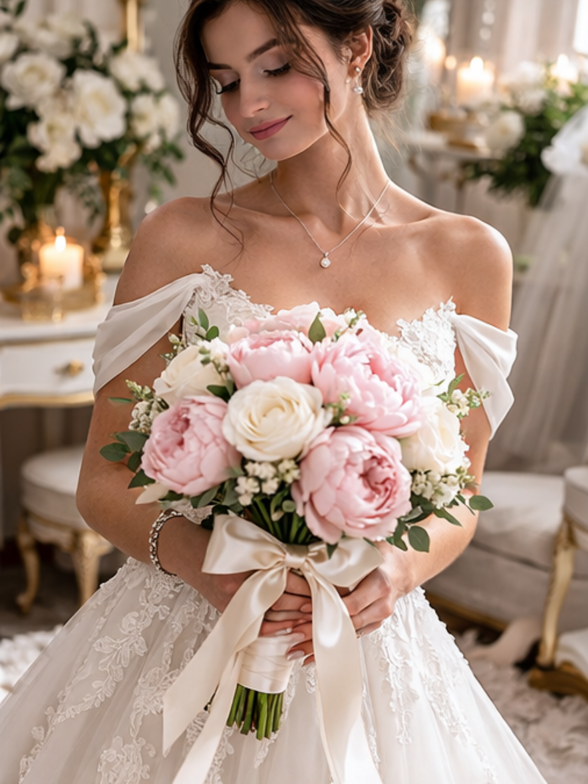 Romantic Signature Pudra Şakayık & Beyaz Gül Gelin El Buketi – Premium | Hanbeyi Gelin El Buketi