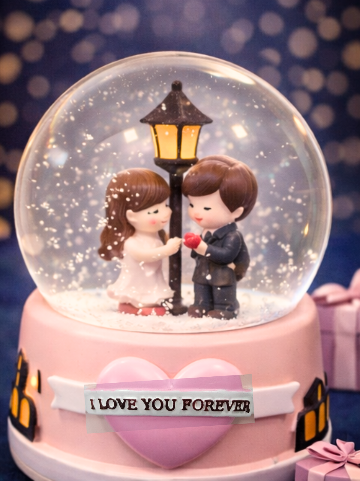 Romantik Kar Küresi Sevgili Çifti – I Love You Forever Müzikli Işıklı Kar Küresi DOĞUM GÜNÜ HEDİYESİ