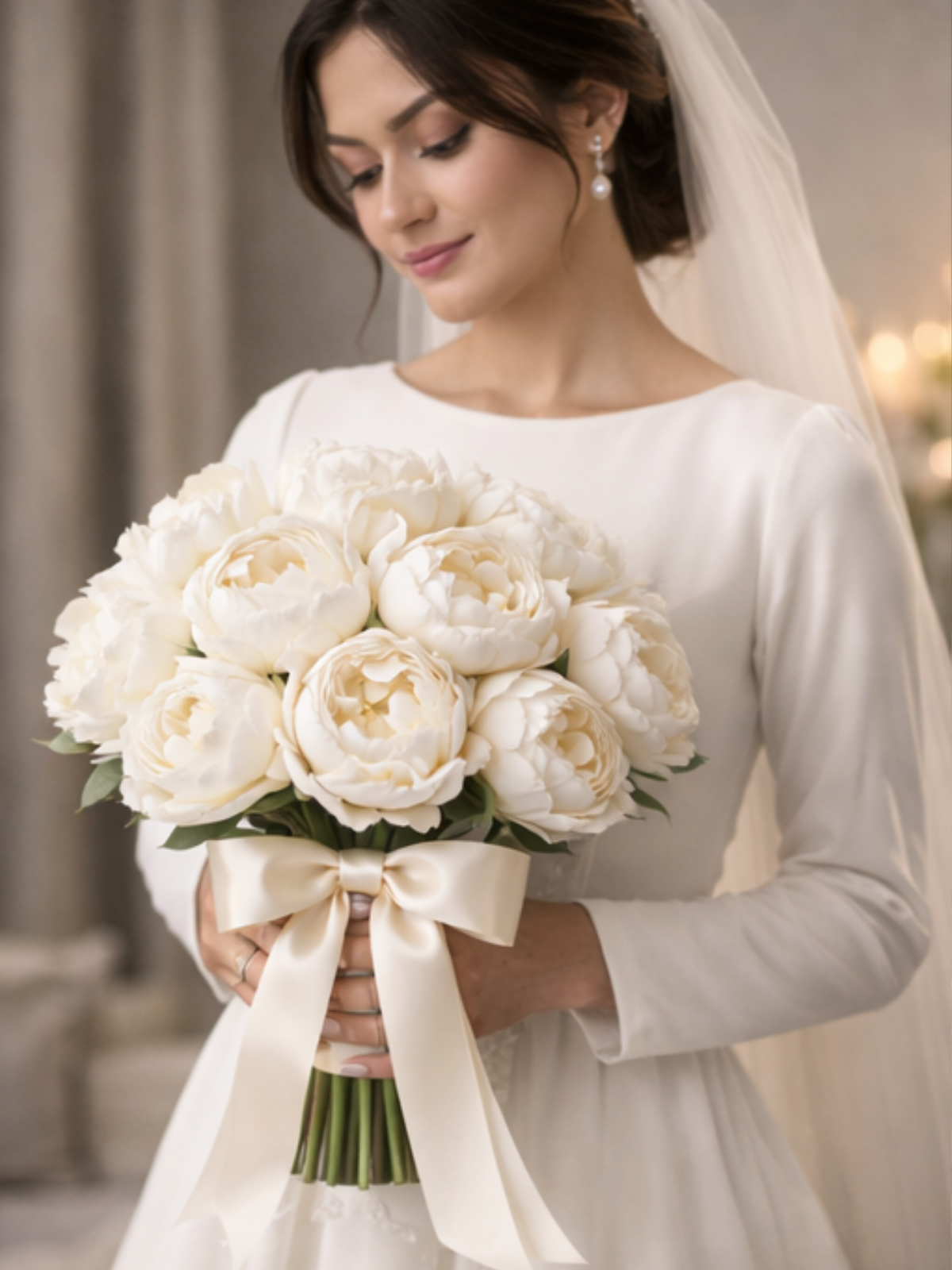 Royal Elegant Beyaz Şakayık Gelin El Buketi – Premium Real Touch | Hanbeyi Gelin El Buketi