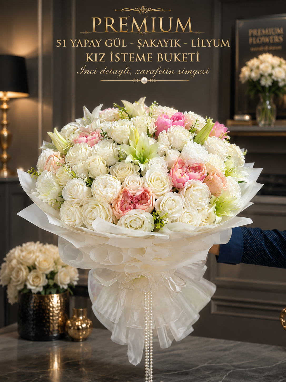 Şakayık ve Lilyum Kız İsteme Buketi – Yapay Premium İsteme Çiçeği | Hanbeyi 41 Gül Buketi