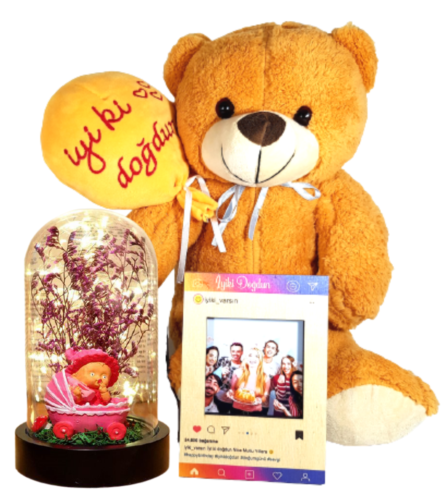 Kız Bebek Hediyesi. Kişiye Özel İyiki Doğdun Ayıcık Ters Fanus İnstagram Çerçeve Hediye Seti BEBEK HEDİYESİ