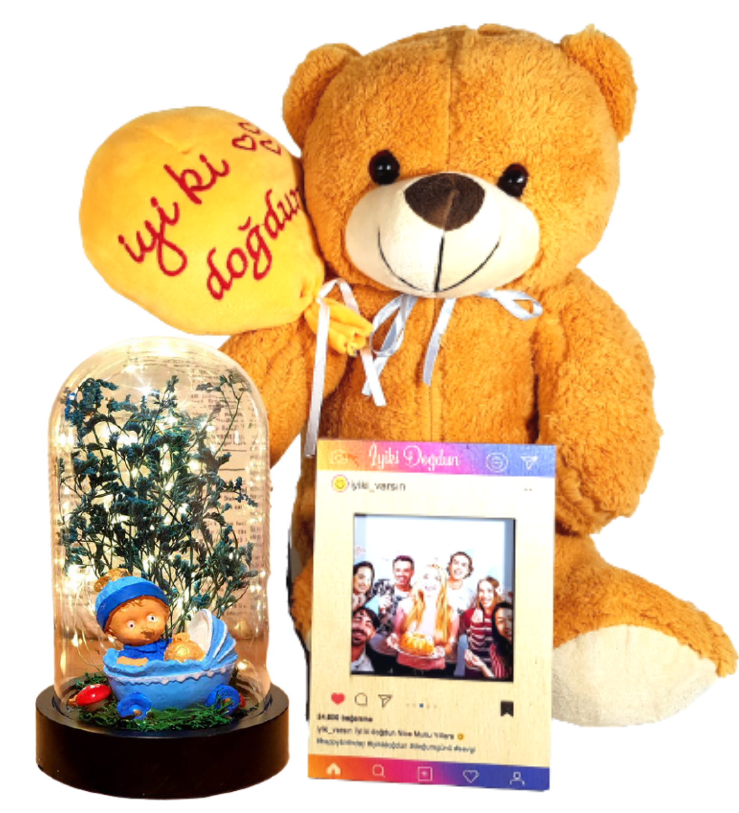 Erkek Bebek Hediyesi. Kişiye Özel İyiki Doğdun Ayıcık Ters Fanus İnstagram Çerçeve Hediye Seti BEBEK HEDİYESİ