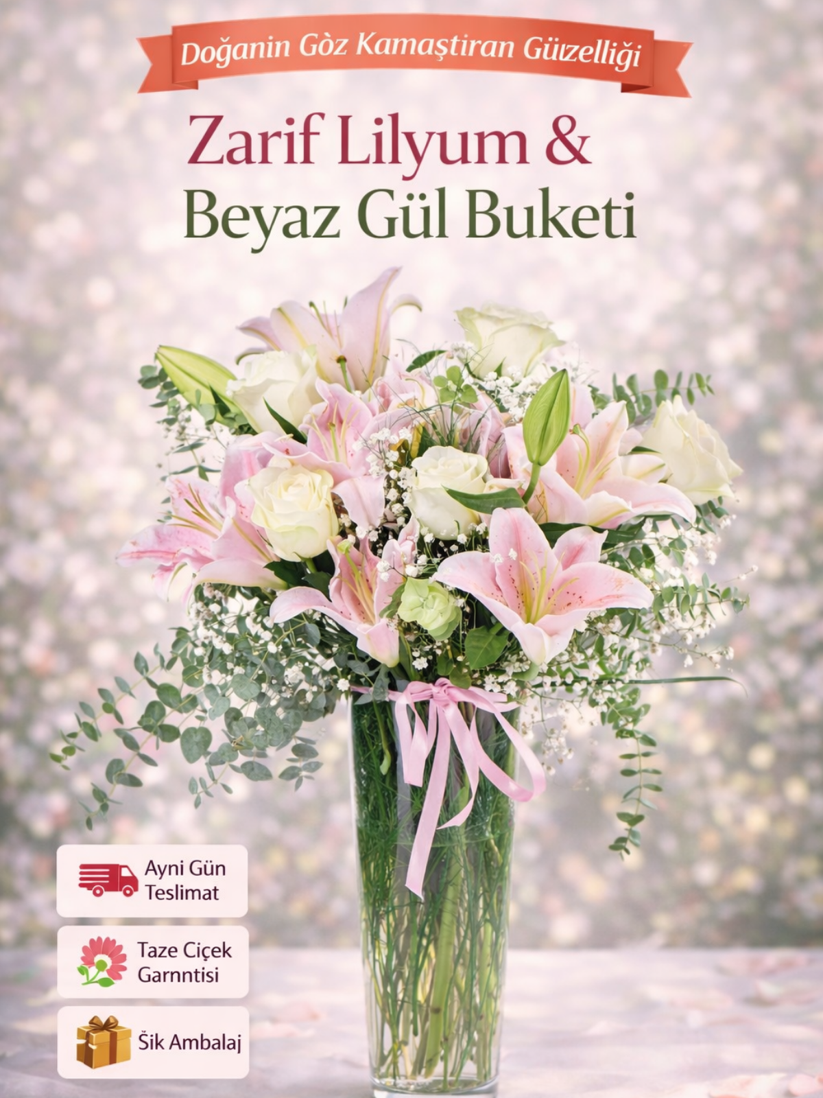 Zarif Lilyum & Beyaz Gül Buketi – Premium Çiçek Tasarımı | Hanbeyi KIZ İSTEME BUKETİ