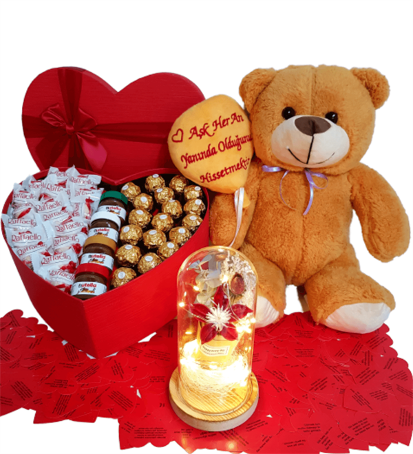 Sevgiliye Hediye Kalp Kutu Karışık Çikolata Aşık Pelüş Ayıcık Gül Kutu Fanus HEDİYE