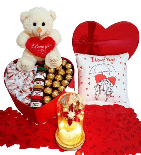 Sevgiliye Hediye Çikolata I Love You Mesaj Özel Set Ayıcık, Işıklı Gül Fanus HEDİYE