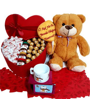 Sevgiliye Hediye Kalp Kutu Karışık Çikolata Aşık Pelüş Ayıcık Kedi Kutulu Kupa HEDİYE