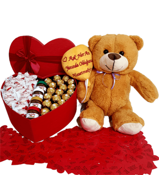 Sevgiliye Hediye Kalp Kutu Karışık Çikolata Aşık Ayıcık Aşık Kamp Ateşi Altında HEDİYE