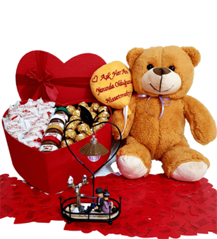 Sevgiliye Hediye Kalp Kutu Karışık Çikolata Aşık Ayıcık Sevgili Masa Lambası HEDİYE