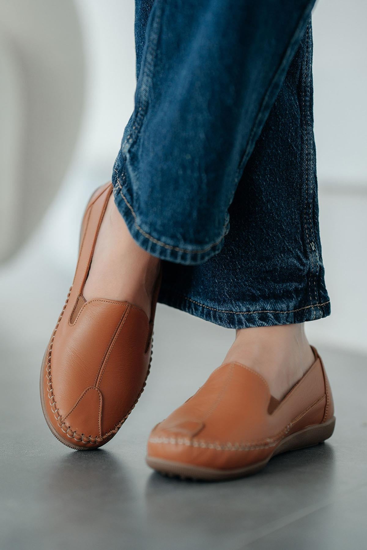 Anes Kadın Hakiki Deri Ortopedik Loafer Ayakkabı Taba